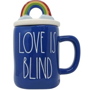 Rae Dunn "LOVE IS BLIND" Blue Mug W/ Rainbow Figural Topper Brand New 2021 Pride